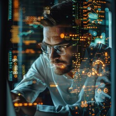 Wall Mural - Medium shot of a businessman analyzing data on a laptop, double exposed with futuristic UI, depicting data science application