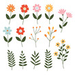 Zestaw ręcznie rysowanych kwiatów i liści. Ilustracja wektorowa w stylu retro