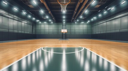 Wall Mural - Empty basketball gym, artificial lighting illuminating the hardwood parquet floor with thick white lines. Hoop, backboard and net placed in a public school sports indoor playground