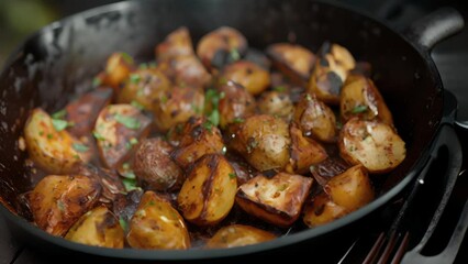 Wall Mural - Plump roasted potatoes drenched in a zesty mix of hot sauce lime juice and smoked paprika are served in a cast iron skillet fresh off the grill. Each bite is like a burst