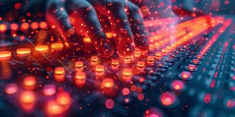 Poster - Close up shot of human hand typing on glowing keyboard