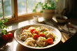 Dumplings with vegetables and greens background.
