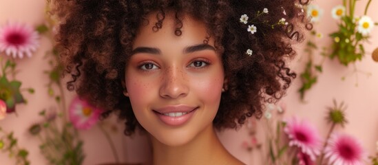 Poster - Beautiful woman with a delicate flower in her hair posing elegantly in a serene garden setting