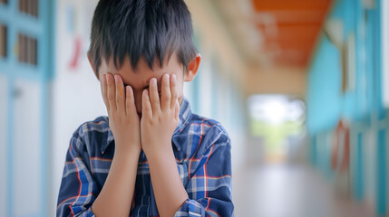 Wall Mural - Upset asian boy crying covered his face with his hands while standing alone in a school hallway with copy space. Learning difficulties, emotions, bullying at school