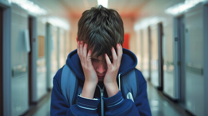 Wall Mural - An upset teenage boy covered his face with his hands while standing alone in the school corridor. Learning difficulties, emotions, bullying at school