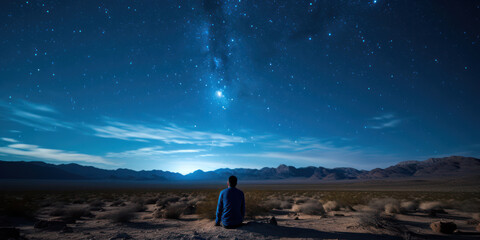 Wall Mural - Starry Mountain Journey: A Man's Adventure in the Majestic Night Sky Landscape