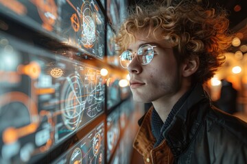 Wall Mural - Businessman analyzing data and graphs on futuristic digital screen portrayal of modern technology in business world showcasing professional man engaged in innovative research and communication
