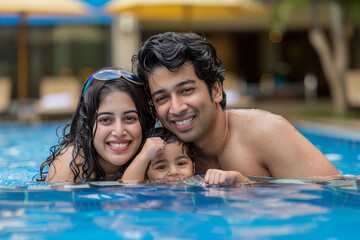 Beautiful family having fun in a swimming pool mother father and son smiling bath. Refreshing Family Time: Cheerful Mother, Father, and Son Enjoying Sunny Day in Vibrant Pool Setting. Happy Parents.