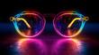 Neon colorful glowing party glasses isolated on black background, Fun Celebration Accessories Nightlife Event Dance Club, Generative Ai


