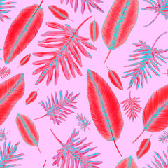  Watercolor seamless pattern with tropical leaves. Beautiful allover print with hand drawn exotic plants. Swimwear botanical design.	