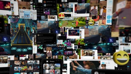 Poster - Animated Virtual Background with Social Networks Connected Together Online. Internet of Things Concept with Videos, Internet Profiles, Online Gaming, Media Shares Flowing in Technology Cyberspace