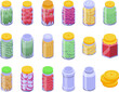 Pickled food jars icons set isometric vector. Preserved product. Vegetable spice