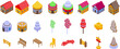 Candy land icons set isometric vector. Sweet house. Fantasy jelly cupcake