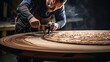 an image capturing a woodworker sanding and polishing a handcrafted table, emphasizing the finishing touches of the woodworking process.