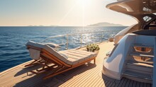 
A photo showcasing a luxurious sunbathing experience on the deck of a yacht, with the ocean stretching out in the background.