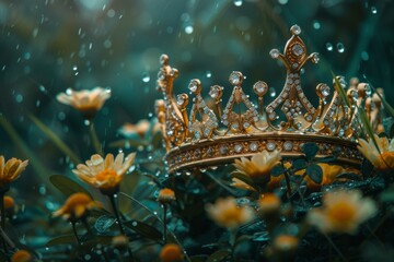 Poster - Close up portrait of golden crown on rainy weather with flowers around it