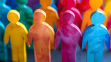 Fototapeta  - Pupazzi colorati di cartone, inclusione sociale, lavoro di squadra comunitario appartenenza equità diversità