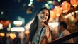 portrait of a person in a city, portrait of Happy young tourist Asian woman enjoy three wheel open air taxi and fun traditional asian street food at night Bangkok Chinatown
