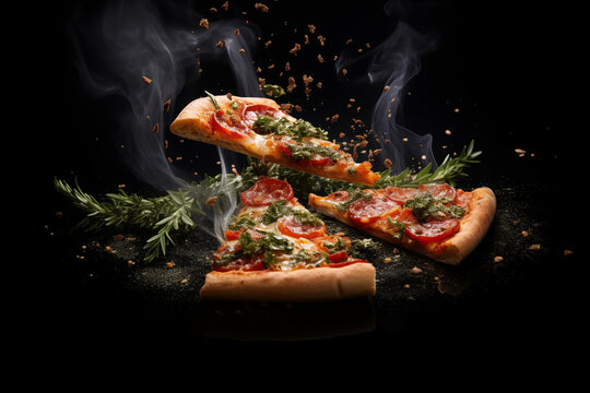 pieces of pizza flying with herbs sauce and spices on black background with smoke
