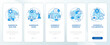 Experiential learning blue onboarding mobile app screen. Education walkthrough 5 steps editable graphic instructions with linear concepts. UI, UX, GUI template. Myriad Pro-Bold, Regular fonts used