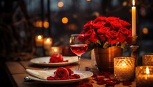 A Romantic Dinner Set For Two With Red Roses