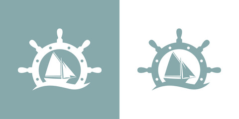 Sticker - Logo Nautical. Silueta timón con barco de vela con olas de mar