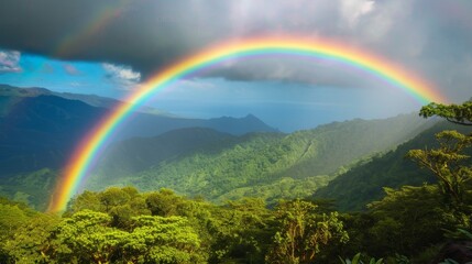 Wall Mural - Rainbow over a lush valley, vibrant natural spectacle