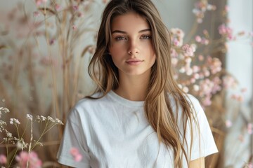 Wall Mural - Young woman wearing a white casual t-shirt. mock up for tshirt print store. ai generated