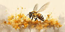Golden Bee On A Floral Banner: Natures Elegance In A Harmony Of Blossoms And Flight
