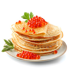 Red Caviar Pancakes, Caviar Crepes isolated on white background