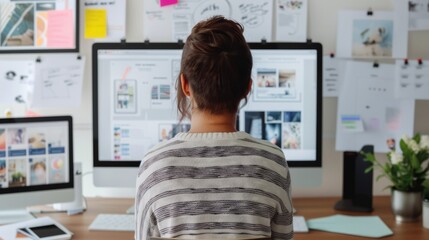 Wall Mural - young woman website ux designer, creative planning app development sketch template layout framework 