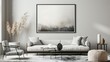A mockup poster blank frame hanging above a modern coffee table, Scandinavian living area