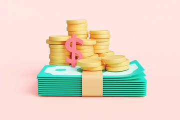 Canvas Print - 3D rendered illustration of a financial concept with a bundle of banknotes and a pile of dollar gold coins. For business, wealth, success, investment, profit, growth, development, banking.