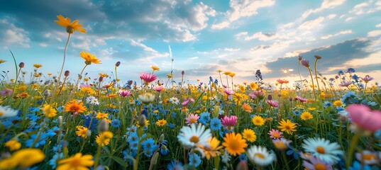 Wall Mural - The sun shines through a colorful field of flowers