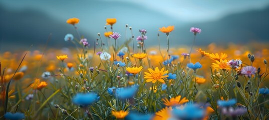 Wall Mural - The sun shines through a colorful field of flowers