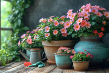 Pink Flowers Pots With Watering Can And Gloves On Wooden Floor