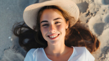 Wall Mural - Top view photo of the beautiful young woman with brunette hair, wearing a white t shirt and a straw hat, lying on the sand beach, looking at the camera and smiling. Female person holiday relaxation