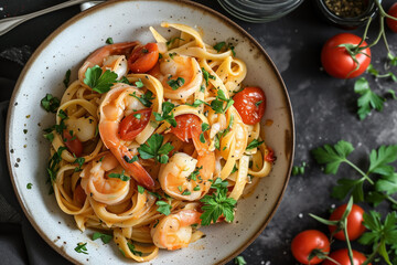 Canvas Print - fettuccine pasta with shrimp, tomatoes, herbs, parsley, wooden stand, top view