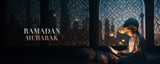 Fototapeta Sport - A Young Muslim Boy Reading the Quran by the Light of a Mosque at Night, Fictional character created by Generative AI. 