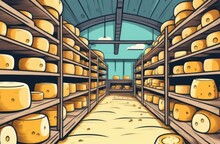 Large Cheese Wheels In A Dry Room On A Farm, Cheese Factory Shelves With Aged Cheese, Cheese Wheels On Wooden Boards,