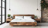 Fototapeta  - Drewniane łóżko na tle pustej białej ściany z miejscem do kopiowania. Skandynawska stylistyka, nowoczesna sypialnia 
