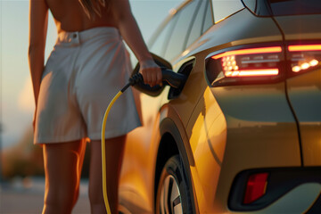 Anonymous woman charging a modern electric car battery on the street