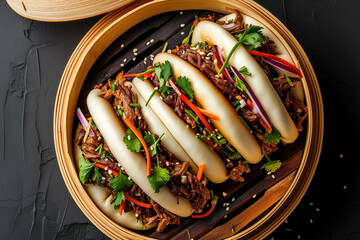 pulled beef bao buns, gua bao, in bamboo steam tray, top view, dark background