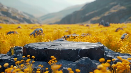 Wall Mural - 3d render of stone platform in the field with dry grass.