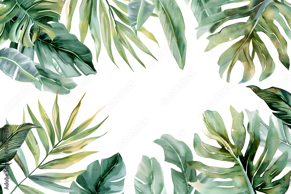 Watercolor frame with tropical leaves and jungle plants isolated on ...