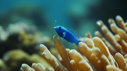 Wall Mural - A blue fish among corals