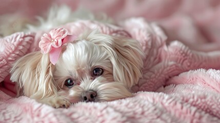 Wall Mural - a dog laying at pink blanket with pink bow on her head