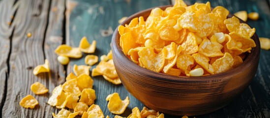 Wall Mural - A rustic wooden bowl containing yellow corn flakes placed on a wooden table, showcasing a delicious breakfast dish made with plantbased ingredients