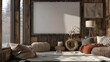 3D render of a sleek and modern poster blank frame in a cozy cabin chic living room with rustic accents and cozy textiles