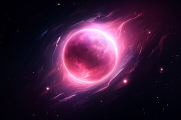 Wall Mural - planet, pink flying trace, spherical fictional abstract in dark space with dots of stars, flashes
